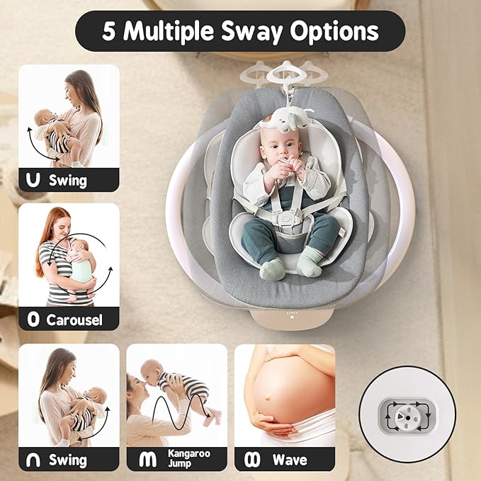 Baby Swing for Infants, Electric Baby Swing with Remote Control, 5 Motions & 4 Speeds, Infant Swings with 8 Lullabies, and 180° Rotating Seat, Indoor & Outdoor Use
