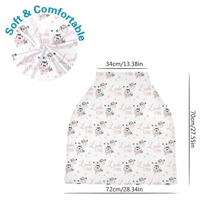 Personalized Baby Car Seat Cover for Girls, Custom Floral Cow Pink Nursing Covers with Name, Universal Fit, Water Resistant, Polyester, White