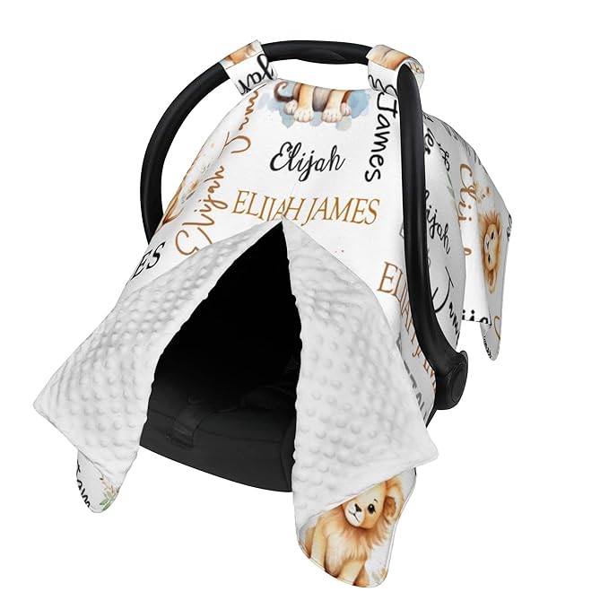 Personalized Baby Car Seat Canopy Minky Lion Baby Blanket Custom Name Baby Car Seat Cover Girls Boys Infant Newborn Carseat Canopy Nursing Cover for Stroller Car Seat Canopies