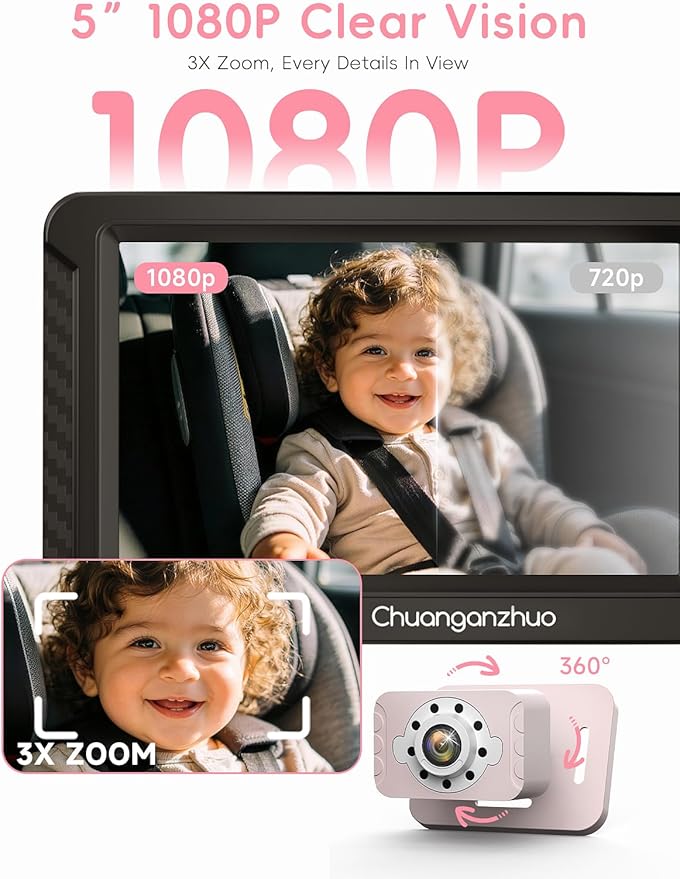 S100C Car Baby Camera USB Powered, Crystal Clear Auto IR Night Vision in Total Dark, Adjust Brightness & 1080P 5" IPS Monitor, 3X Zoom & 360 Rotating Backseat/Carseat Camera for Car Baby Monitor