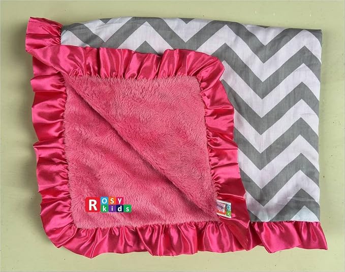 Rosy Kids Soft Baby Blanket, Outdoor Kit Standard Size for Baby Girl and Baby Boy, Grey Chevron Cotton Hot Pink Velvet