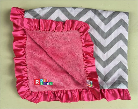 Rosy Kids Soft Baby Blanket, Outdoor Kit Standard Size for Baby Girl and Baby Boy, Grey Chevron Cotton Hot Pink Velvet