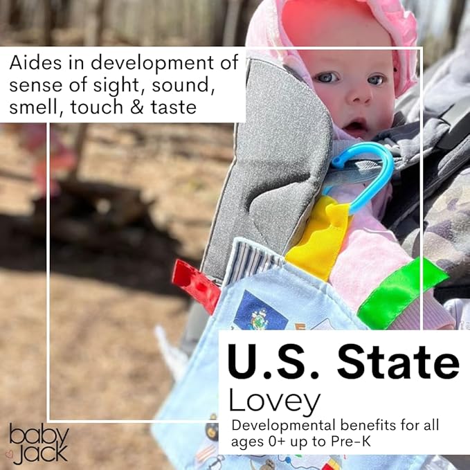 Baby Jack & Co 8x8” Learning Lovey Utah State Tag Stroller Toy for Babies - Crinkle Toys for Developing Five Senses - Learn About Capitals - Travel with Baby Jack - BPA Free Clip