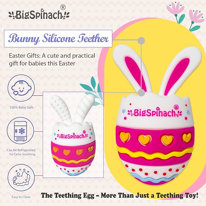 BIGSPINACH Easter Egg Baby Teether,Baby Teething Toy for Pain Relief,Silicone Bunny Rabbit Teether,Easter Gift for Babies,Sensory Toy for Boys & Girl (Rose Pink)