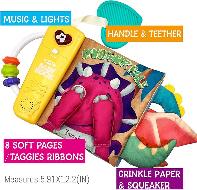 Baby Books Toys, Touch and Feel Music Cloth Book for Infant Baby 6-12-18 Months, Early Learning Education Shower Easter Gifts for Boys Girls (Dinosaur Pals)