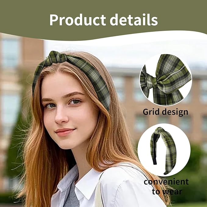 5 Pcs Striped Headband Set with Hair Knotted Scrunchies Bow, Padded Headbands for Women, Christmas Hair Bows & Clips Accessories for Girls (Green-A)