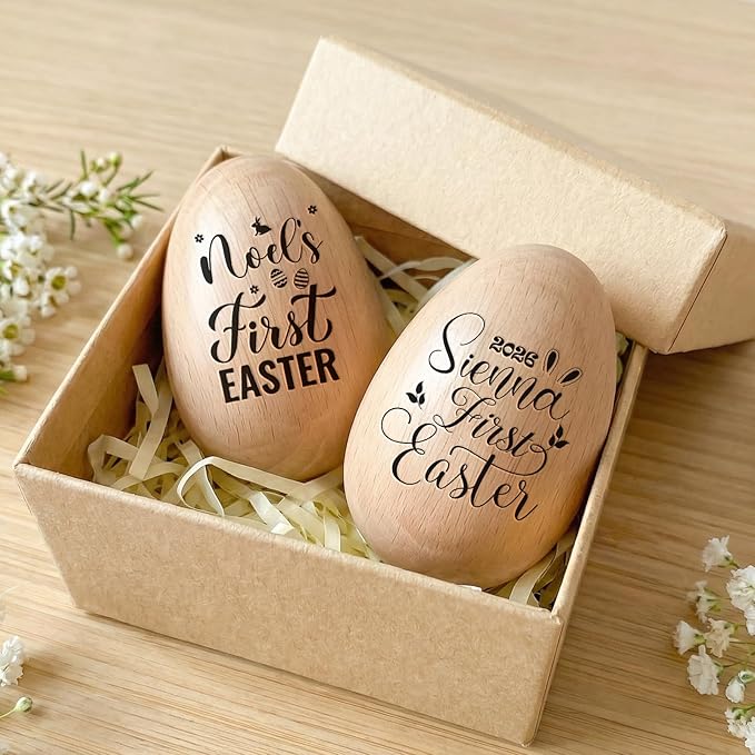 Custom Musical Easter Egg Shaker with Engraved Name, First Easter Gifts for Baby 2026, Wooden Easter Egg Basket Stuffers for Kids, Fake Eggs for Egg Hunt Prize Decor Party Baptism Gift