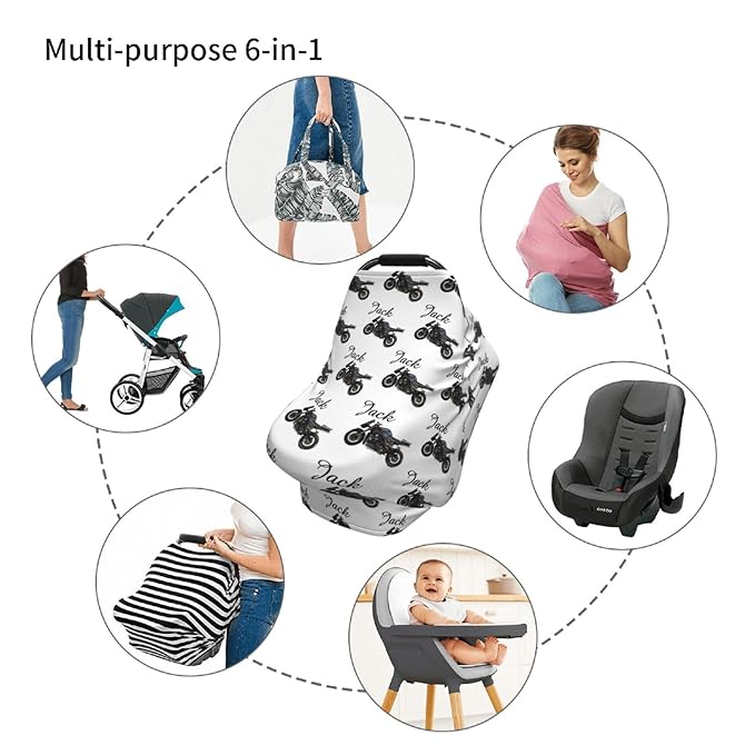 Personalized Baby Car Seat Cover for Boys Girls, Custom Motorcycle Nursing Covers for Breastfeeding with Name, Infant Stroller Cover, Baby Carseat Canopy for Newborn, Multiuse Car Seat Canopies