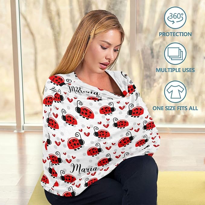 Personalized Ladybug Baby Car Seat Covers with Name, Custom Multiuse Nursing Breastfeeding Car seat Canopy, Infant Stroller Covers for Newborn Girl Boy, Ultra-Soft Breathable, Nursing Scarf