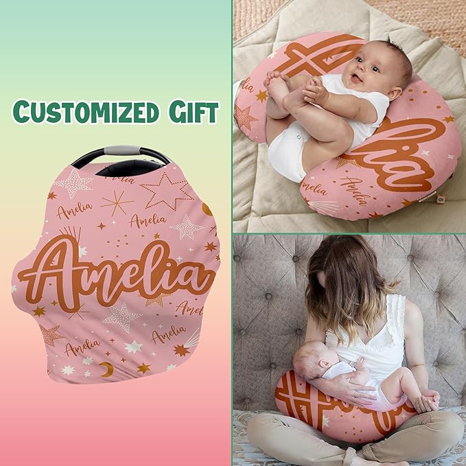 Personalised Car Seat Cover for Babies - Multi-use Pink Carseat Canopy Cover with Name, Car Seat Covers, Christmas Birthday Gifts for Infant Boys and Girls