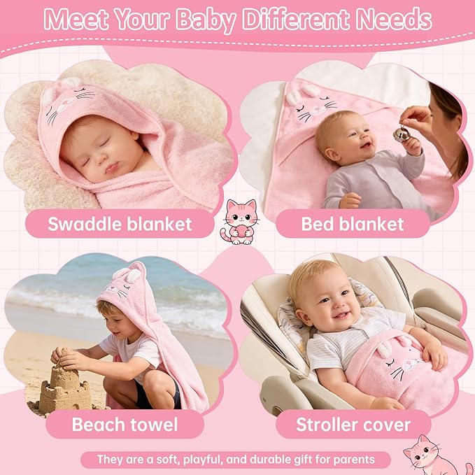 Hooded Baby Towel, Premium Soft Coral Fleece Baby Towel for Baby, Newborns, Toddlers, Infant- Ultra Absorbent, Natural Baby Stuff Towel with Hood for Boys and Girls (Pink Cat)