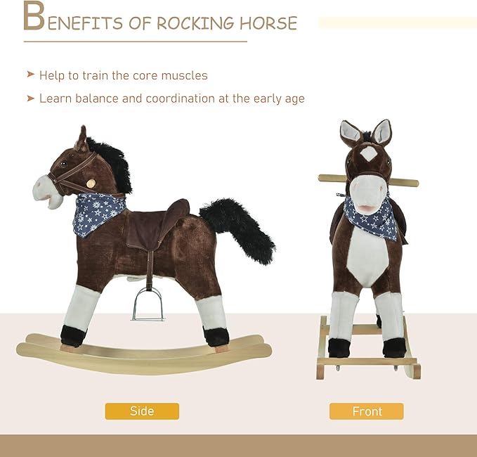 Qaba Kids Plush Ride-On Rocking Horse Toy Cowboy Rocker with Fun Realistic Sounds for Child 3-6 Years Old, Brown