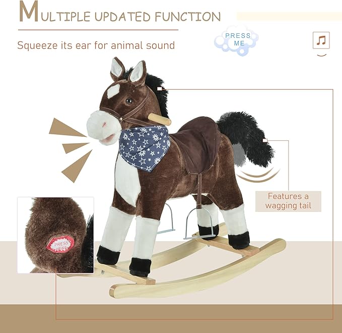 Qaba Kids Plush Ride-On Rocking Horse Toy Cowboy Rocker with Fun Realistic Sounds for Child 3-6 Years Old, Brown