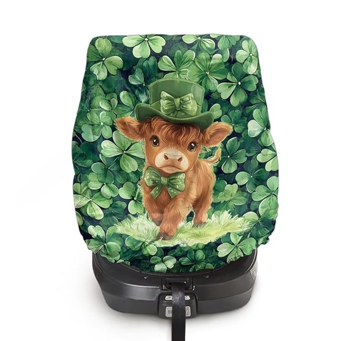 XYZCANDO St Patrick's Day Car Seat Cover Baby Travel Highland Cow Car Seat Covers for Babies Waterproof Baby Car Seating Sun Shade Cover Elastic Car Seat Sun Protection Gift for Birthday