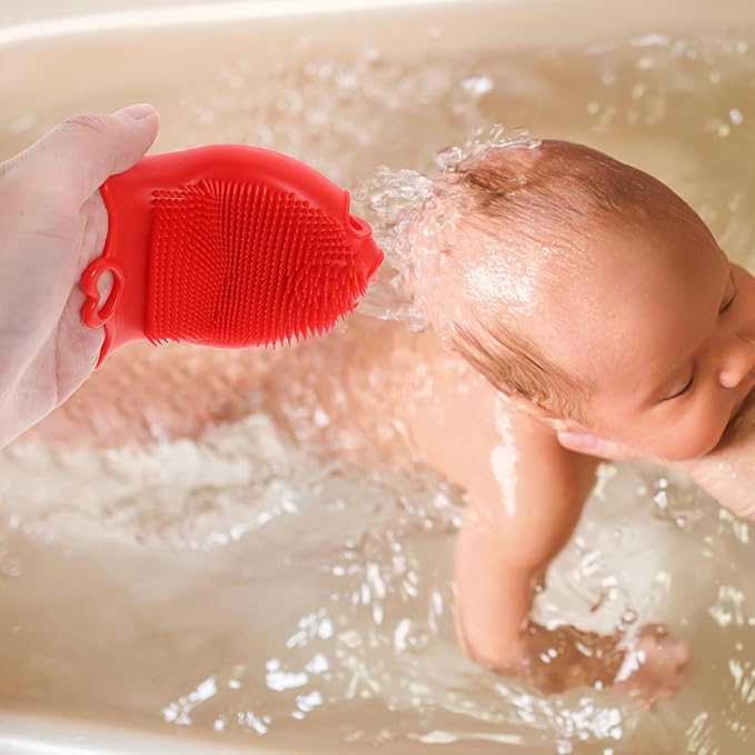 FRCOLOR Baby Head Scrubber Soft Silicone Baby Bath Scalp Brush Massage Flower Shape Cap Essential for Dry Brush Skin Scrubbers Red
