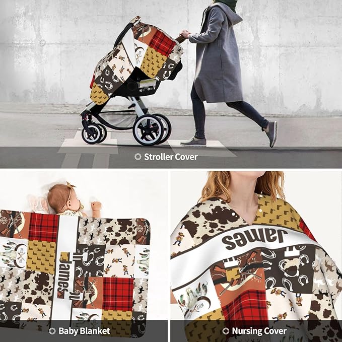 Personalized Baby Car Seat Canopy for Babies with Name, Custom Cowboy Western Car Seat Covers for Boys, Opening Minky Nursing Breastfeeding Stroller Cover Carseat Canopies for Infant Newborn