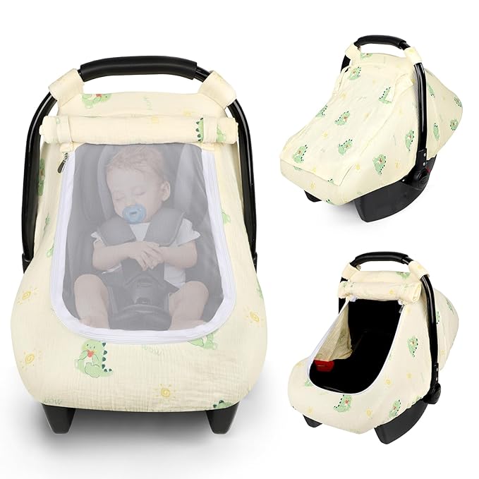 Muslin Baby Car Seat Cover for Boys Girls, Infant Carseat Canopy with Breathable Mesh Peep Window, Summer Lightweight Sunshade Carrier Cover for Newborn, Green Dinosaur