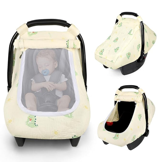 Muslin Baby Car Seat Cover for Boys Girls, Infant Carseat Canopy with Breathable Mesh Peep Window, Summer Lightweight Sunshade Carrier Cover for Newborn, Green Dinosaur