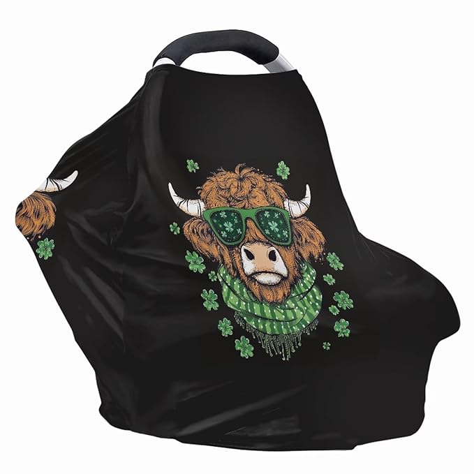 Wanyint Stretchy Baby Car Seat Covers Carseat Canopy Baby Breastfeeding Stroller High Chair Shopping Cart Cover for Girls Boys for Saint Patrick's Day Decor, Highland Cow Clover Black