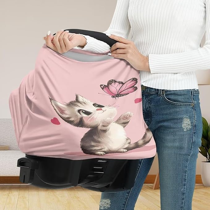 AFPANQZ Cute Cat Baby Car Seat Covers for Girls Boys All Weather Multifunctional Infant Car Seat Canopy Nursing Breastfeeding Scarf Shield Breathable Stretchy 360 Coverage for Babies