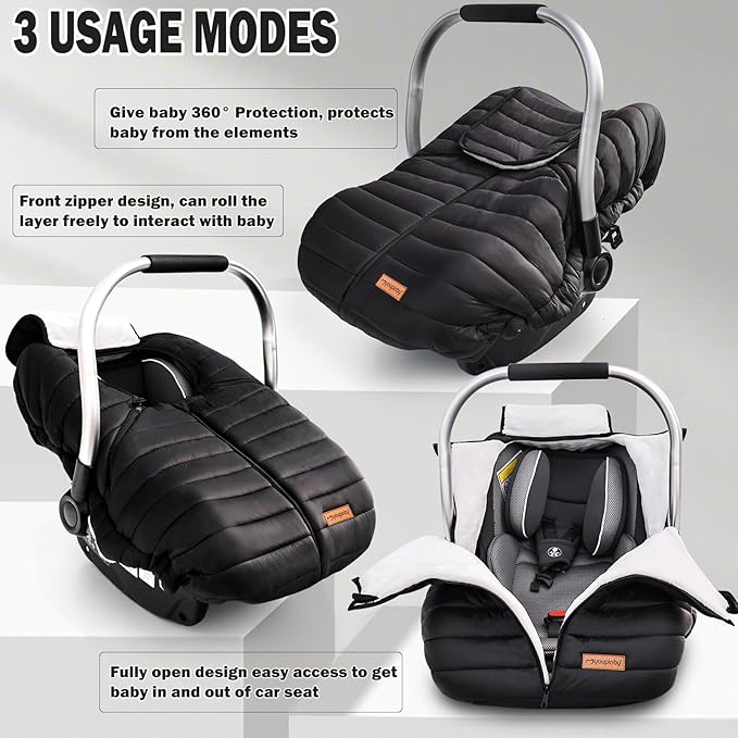 Winter Baby Car Seat Cover, Infant Carseat Canopy for Boys Girls, Cold Weather Warm Car Seat Covers for Babies, Keeps Babies Warm and Cozy, Rain & Snow Repellent, Waterproof, Newborn Essentials,Black