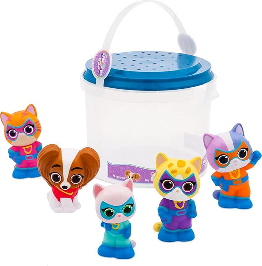 Disney Store Official SuperKitties Bath Toys Set - Includes 5 Detailed Toys with a Straining Storage Bucket - Bath Time Fun & Water Play Set for Kids