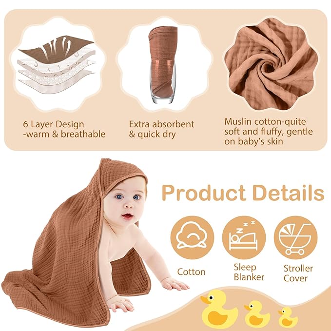 Peryiter 4 Pcs Muslin Hooded Baby Towels 32 x 32 Inch Cotton Newborn Bath Essentials Muslin Infant Blankets Absorbent Registry Gifts for Girl Boy Kids Baby Shower (Brown Series)