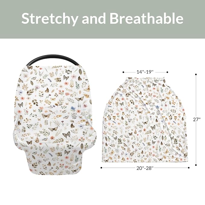 Botanic Gardens Baby Car Seat Covers Beige Floral Butterflies Stretchy 5-in-1 Cover Boho Spring Wildflowers Leaves Adjustable Infant Carseat Canopy Cover Breathable Nursing Cover-Up