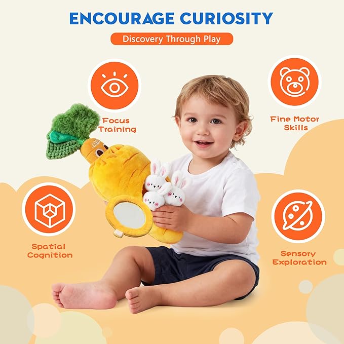 Sensory Carrot House Toy for Babies - Plush Montessori Toy with Mirror, 3 Bunny Rattles & Pull-Out Carrot, Crinkle Leaf, Fine Motor Skills Development, Washable