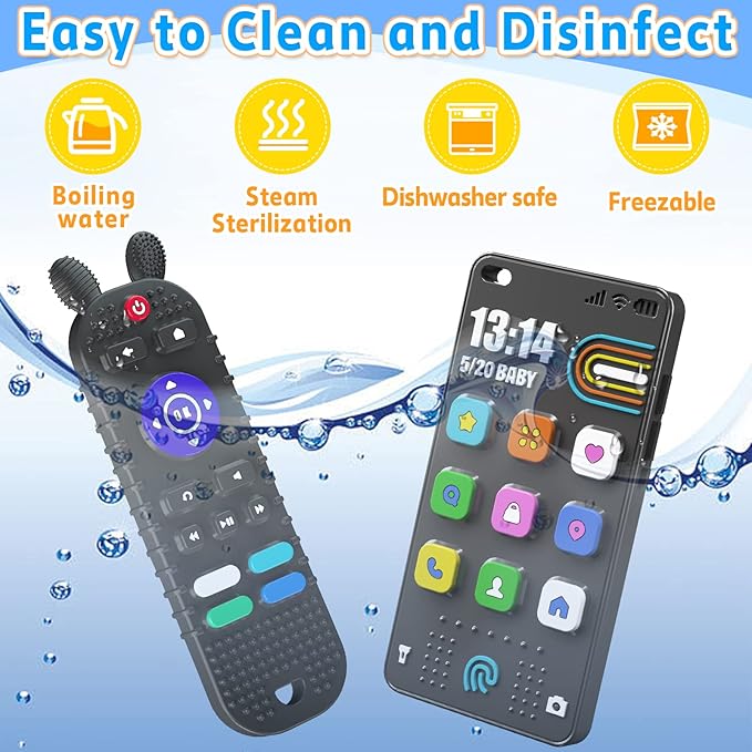 Kaodezhu TV Remote Control Shape Baby Teething Toys and Phone Shape Teether Toys for Babies 6-12 Months, Soft Flexible Silicone Chew Toys for Baby - Black