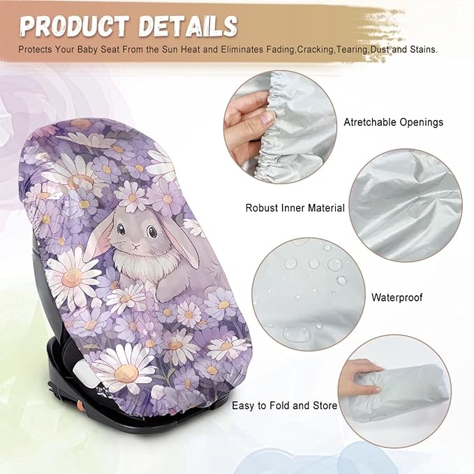 Easter Car Decor Baby Car Seat Cover, Cute Bunny Car Seat Sun Shade Cover Sun Protection to Keep The Car Seat Cool, Easy to Clean and Install
