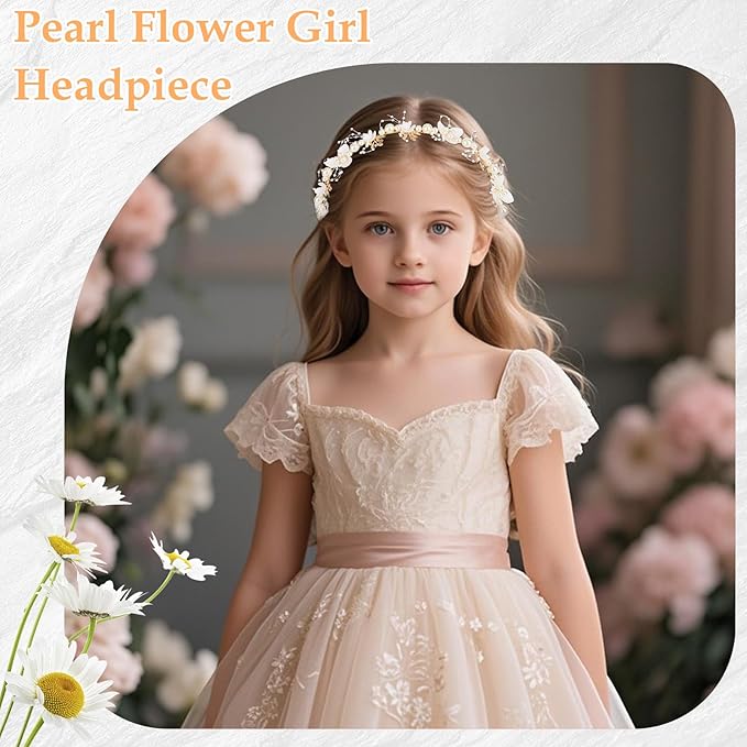 Flower Girl Headpiece Crystal Pearl Hair Accessories Bridal Flower Headband for Wedding, Birthday, Party, and First Communion
