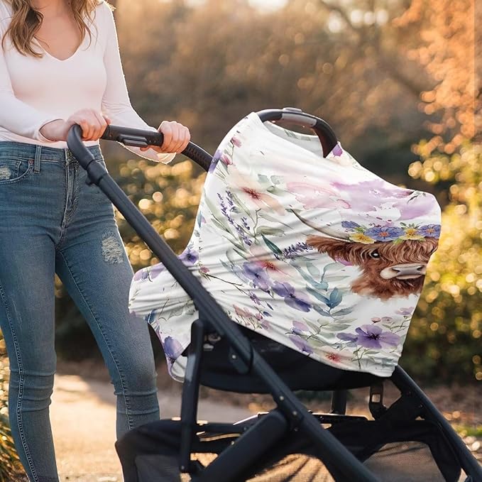 Wanyint Highland Cow Floral Violet Car Seat Covers Baby Car Canopy Shopping Cart Cover Scarf Lightweight Stroller Cover Women Mother Nursing Breastfeeding Covers