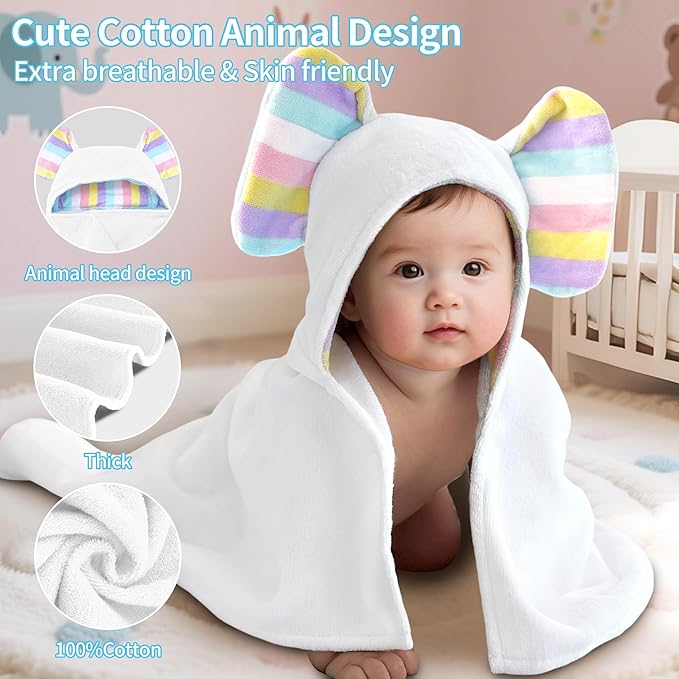 VOOVA & MOVAS Cute Elephant Ears Large Hooded Towel for Baby – 100% Cotton, 420GSM, Thick & Super Absorbent – 33" x 31.5", for 0–18 Months – Newborn, Toddler, Infant Bath Towel, Baby Essentials，White