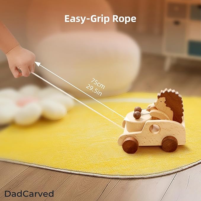 Hedgehog Pull-Along Toy | Musical Wooden Pull Toy with Wooden Grip Ring | Natural Drumming Sound for Toddlers 1.5+ Years