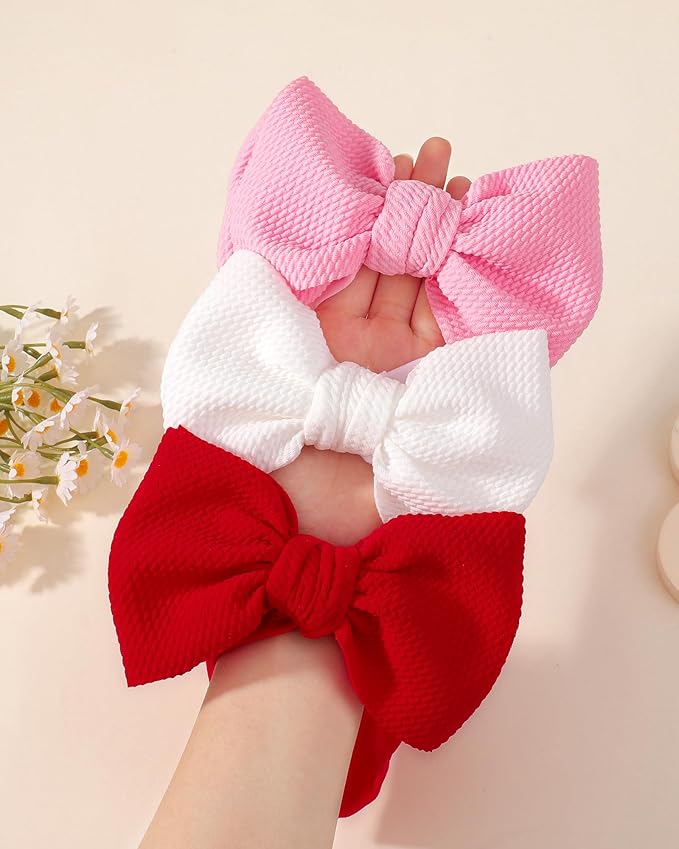 jollybows 3PCS Baby Bows Headbands Soft Nylon Baby Girl Headbands for Newborn Infant Toddler Kids Cute Bow Wide Hairbands Hair Accessories(White+Red+Pink)