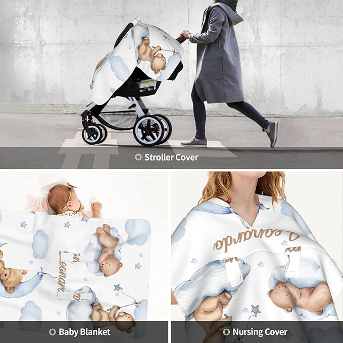 Custom Baby Name Nursing Cover Sleeping Bear Design – Personalized Car Seat Canopy for Boy, Stroller Cover, Baby Minky Blanket, Privacy Breastfeeding Cover, Soft Breathable Infant Shower Gift