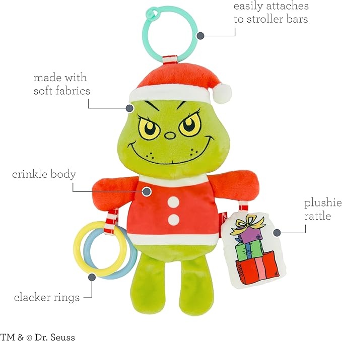 Infantino Activity Pal The Grinch, Baby Sensory Clip-On Toy with Crinkle Body, Rattling Presents & Clacker Rings, Stroller & Car Seat Companion, Holiday Baby Gift & Stocking Stuffer