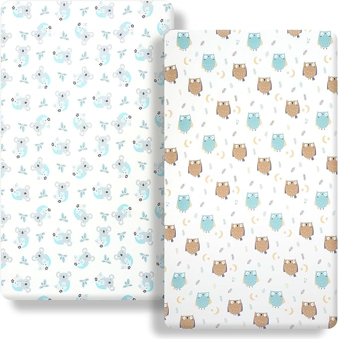 Pack n Play Fitted Sheet. 2 Piece Mini Crib Sheet. Elastic Playard Sheet. Portable Sheet Set. Elastic Convertible Playard Sheet. Compatible with Graco Pack n Play. (Owl and Tree Bag)