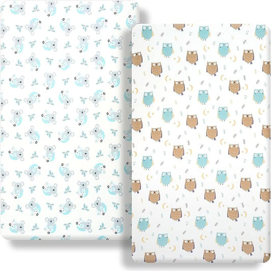 Pack n Play Fitted Sheet. 2 Piece Mini Crib Sheet. Elastic Playard Sheet. Portable Sheet Set. Elastic Convertible Playard Sheet. Compatible with Graco Pack n Play. (Owl and Tree Bag)