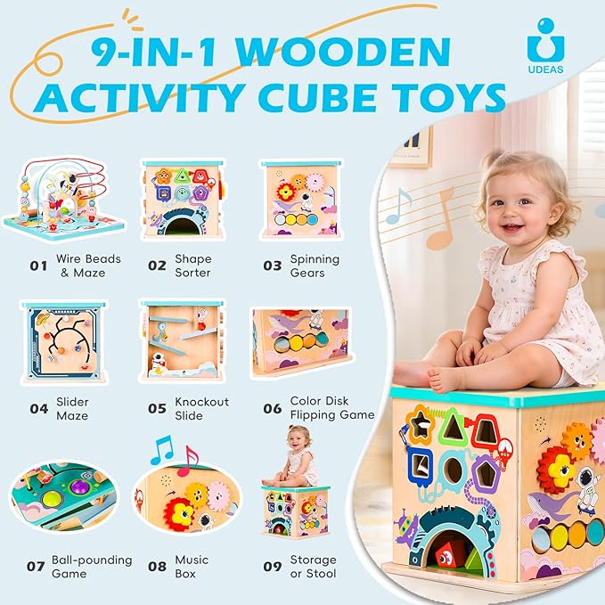 Pre-Assembled 9 in 1 Wooden Activity Cube. Educational Learning Toy for Kids with Bead Maze, Shape Sorter and Music Gears and More. for Toddlers 18 Month+. Birthday Gifts for Boys and Girls