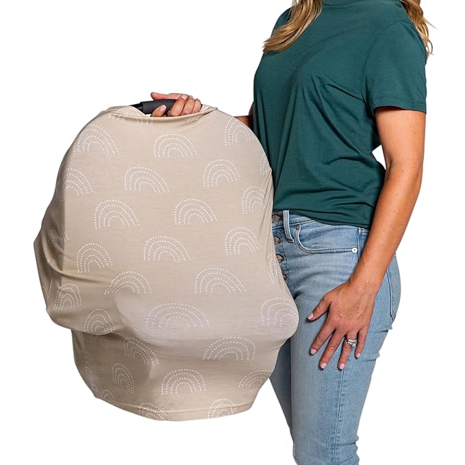 J.L. Childress 4-in-1 Car Seat Cover for Babies - Multi-Use, Stretchy Car Seat Canopy and Privacy Cover - Breastfeeding Nursing Cover - Gender Neutral - Beige Dot Rainbow