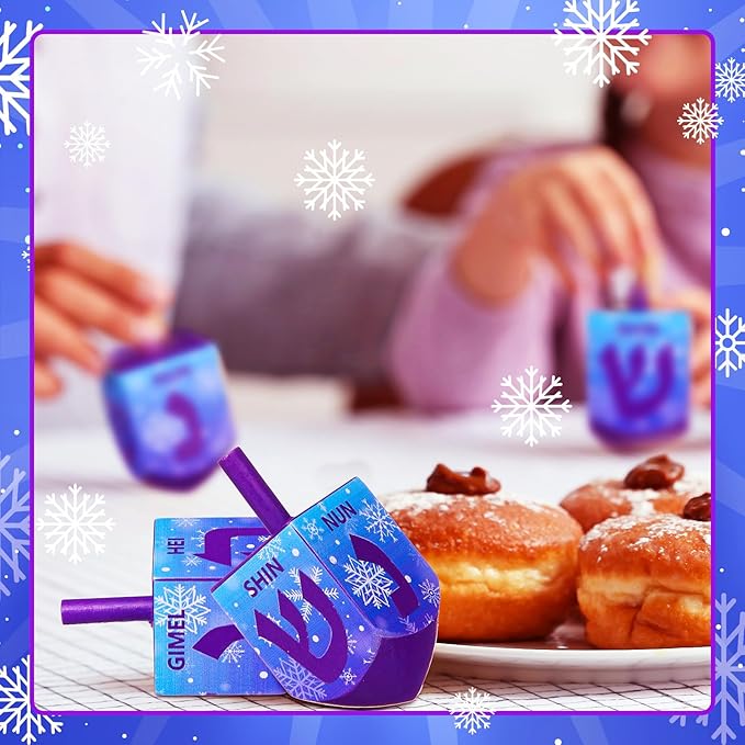 Wonderjune 2 Pcs Hanukkah Dreidels Extra Large Wooden Dreidel for Hanukkah Decoration with English Transliteration, Forever Spinning Tops Party Favors(Snowflake)