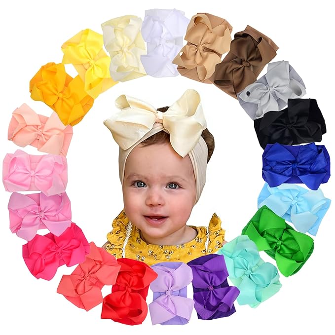20 Pcs Baby Girls Headband With 6 inches Hair Bow, Soft Nylon Hairbands Cute Big Bow Super Elastic Headband For Baby Girls Newborn Infant Toddlers (20 Pcs Full Colors, Large)