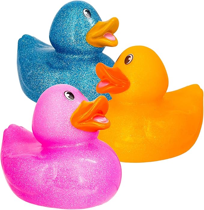 The Dreidel Company Giant Glitter Rubber Duck Toy with Sound Assortment Duckies for Kids, Bath Birthday Gifts Baby Showers Summer Beach and Pool Activity, 6" Inch (3-Pack)