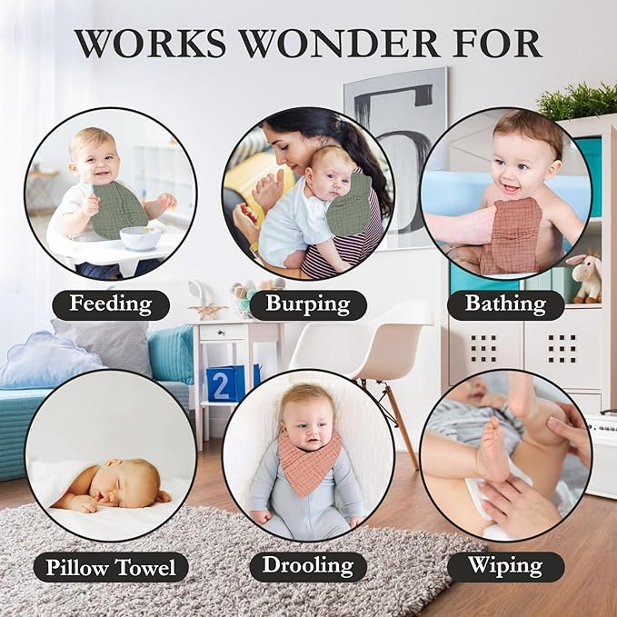 100% Cotton Baby Burp Cloths 10"x10" (8 Pack) Snuggle Comfort Muslin Washcloths - Newborn Baby Must Haves & Registry Gifts - Easy to Clean Cloth for Babies, New Born Boy & Girl (Fern)