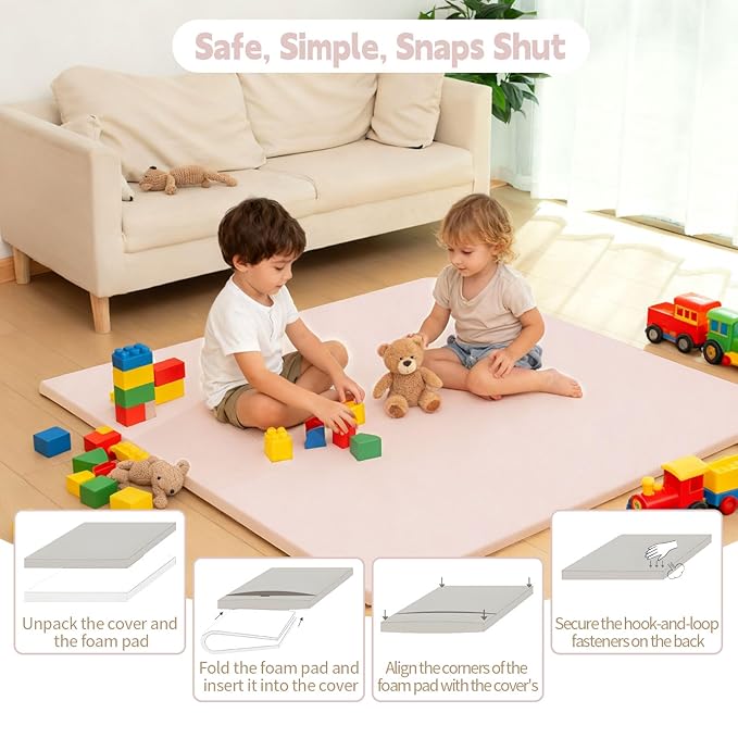 PU Leather Baby Play Mat for Floor, 74"×50" Playpen Mat, 1.3" Thick Elasti-Foam, Non-Slip Crawling Mat for Tummy Time, Waterproof & Wipe-Clean Playmat for Toddler,Infant, Kids (Pink)