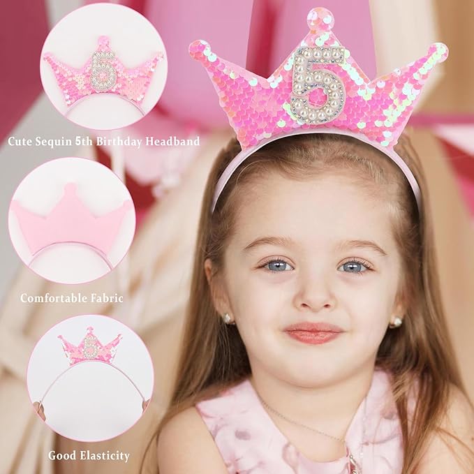 Birthday Crown Headband Pink Glitter Birthday Headbands for Girls 5 Year Old Girl Gift 5th B-day Decorations Girl