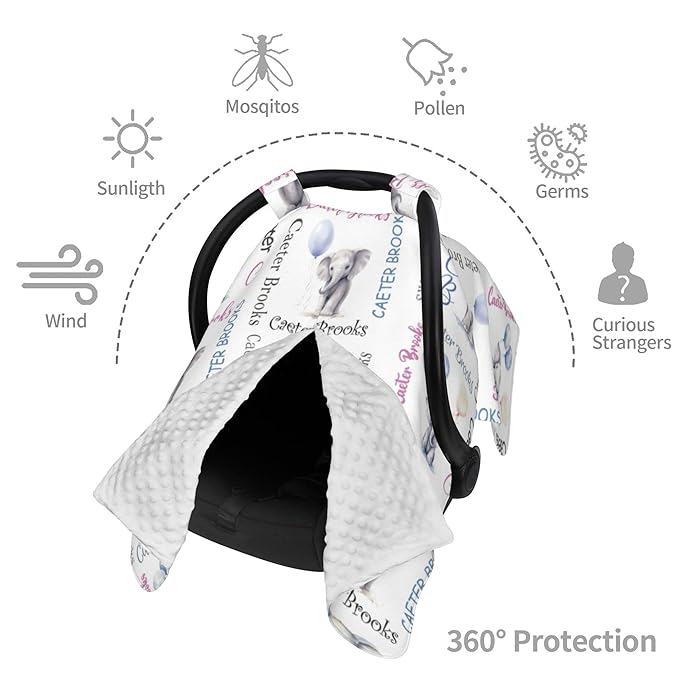 Personalized Baby Car Seat Canopy Minky Elephant Baby Blanket Custom Name Baby Car Seat Cover Girls Boys Infant Newborn Carseat Canopy Nursing Cover for Stroller Car Seat Canopies