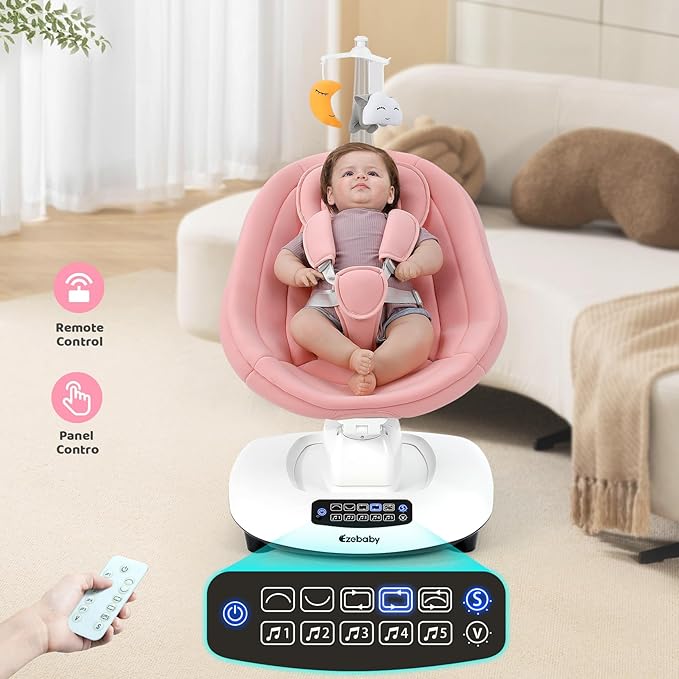 Ezebaby Electric Baby Swing for Infants with 5 Unique Motions, 5 Speeds, Lullabies, Bluetooth Enabled, Smart Baby Swings for Newborn with 5-Point Harness & Remote Control for 0-9 Months, Pink